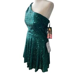Blondie Nites Emerald Sequin Mini Party Prom Dress Juniors 13 One Shoulder New